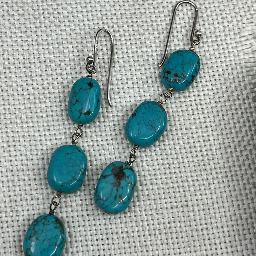 Sally C Treasures SX Sterling Silver Turquoise Dangle Earrings 925 Estate - Picture 10 of 17